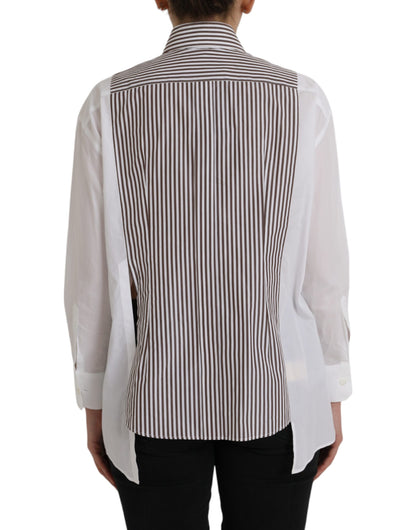 Dolce &amp; Gabbana White Stripes Cotton Long Sleeves Ruffle Collar Top