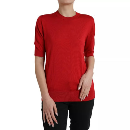 Dolce &amp; Gabbana Red Silk Crewneck Short Sleeve Sweater