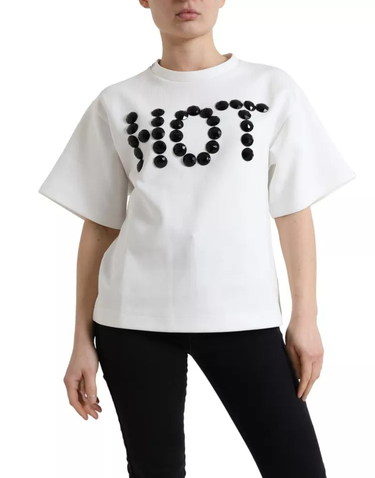 Dolce &amp; Gabbana White Cotton Stretch Black HOT Crystal T-shirt