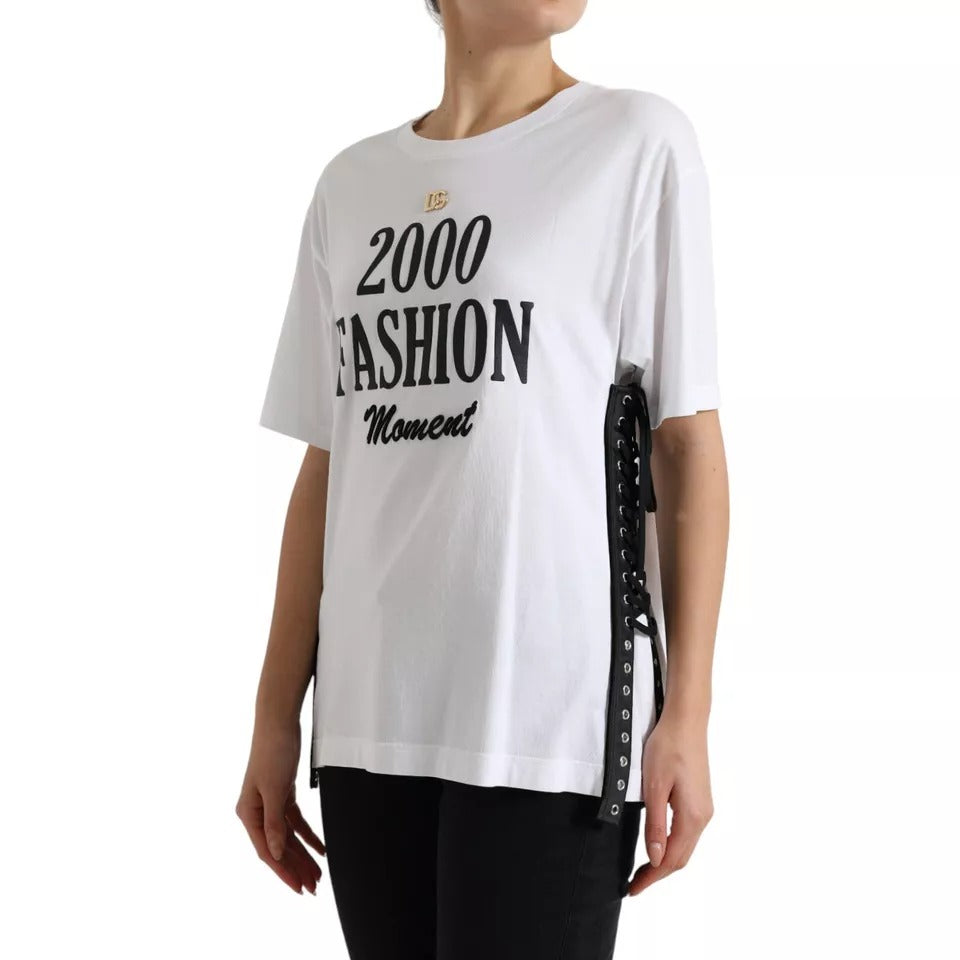 Dolce &amp; Gabbana White Slogan Print Lacing Detailed T-shirt