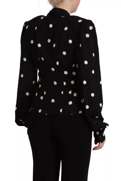 Dolce &amp; Gabbana Black Polka Dots Silk Pussy Bow Long Sleeves Top