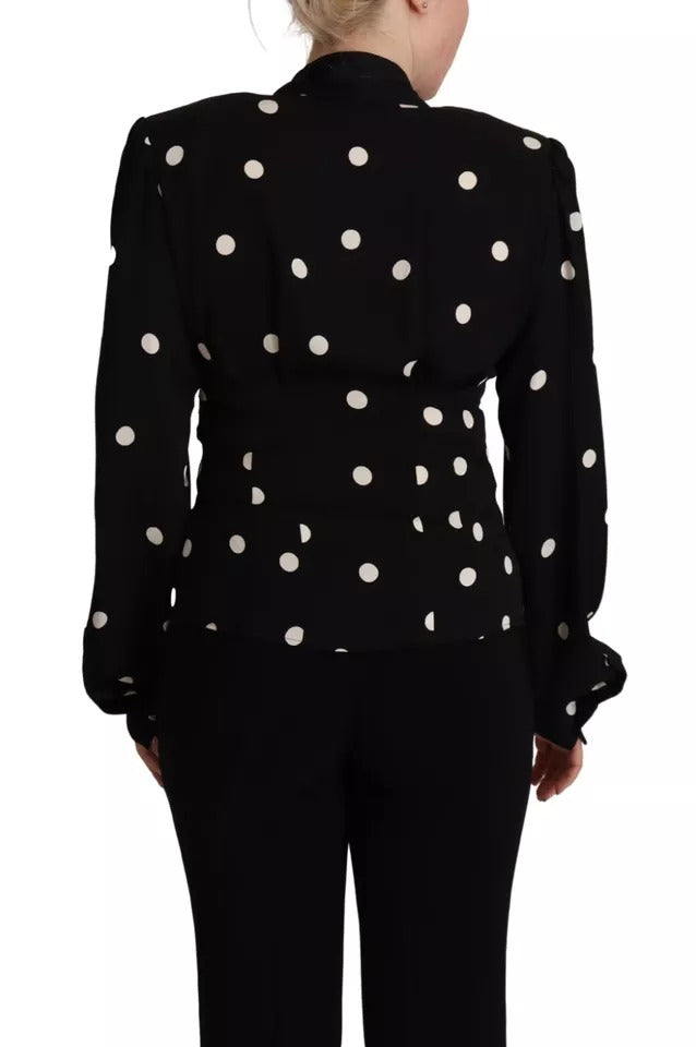 Dolce &amp; Gabbana Black Polka Dots Silk Pussy Bow Long Sleeves Top