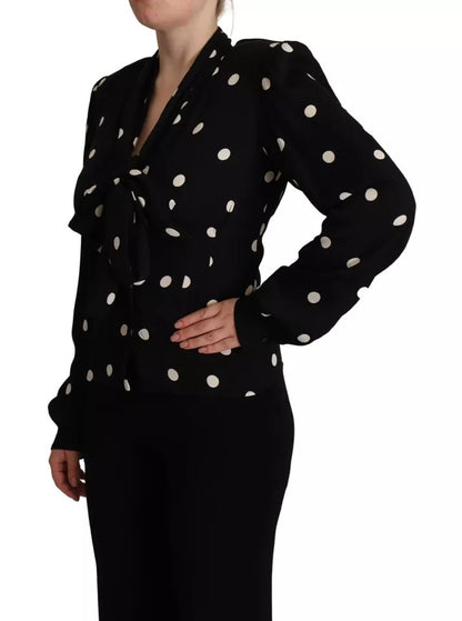 Dolce &amp; Gabbana Black Polka Dots Silk Pussy Bow Long Sleeves Top