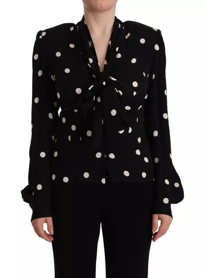 Dolce &amp; Gabbana Black Polka Dots Silk Pussy Bow Long Sleeves Top