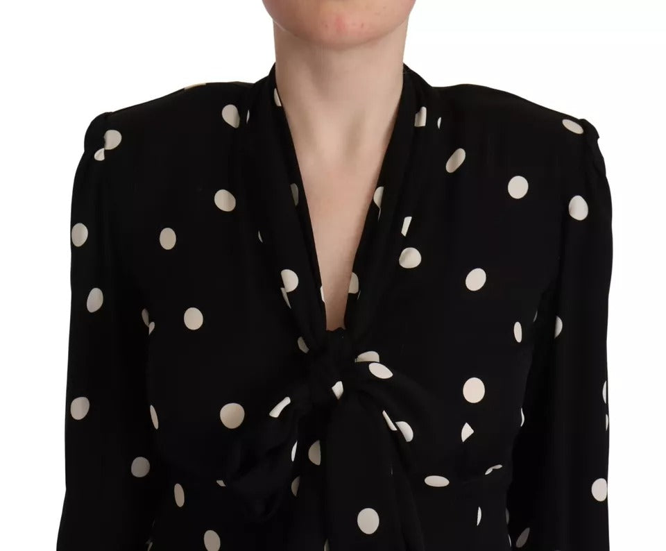 Dolce & Gabbana Black Polka Dots Silk Pussy Bow Long Sleeves Top