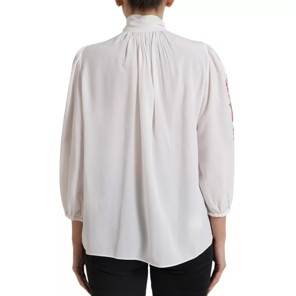 Dolce &amp; Gabbana White Floral Silk Ascot Collared Top Blouse