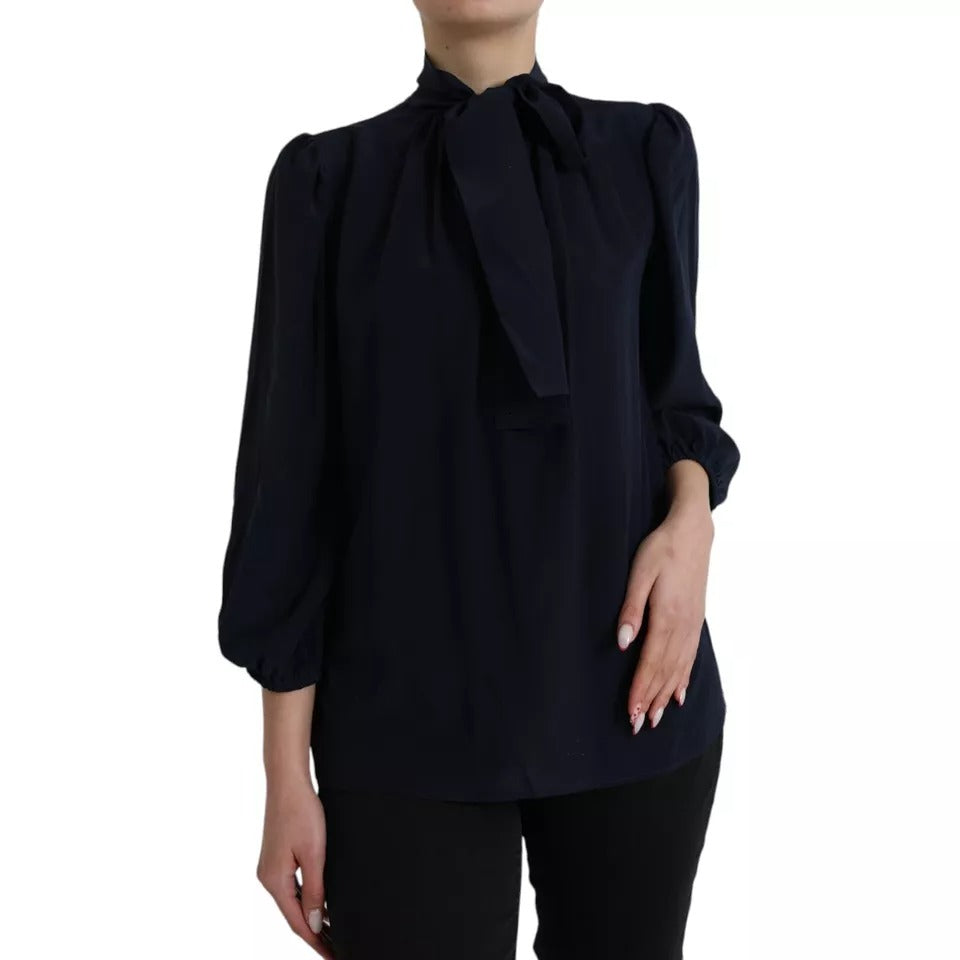 Dolce &amp; Gabbana Blue Long Sleeves Ascot Collar Blouse Top