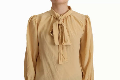 Dolce &amp; Gabbana Mustard Ascot Collar Shirt Silk Blouse Top