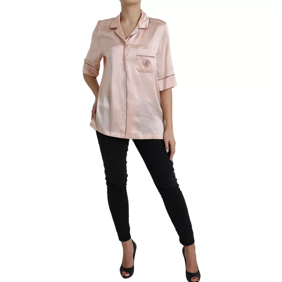 Dolce &amp; Gabbana Pink Silk Long Sleeves Logo Pajama Blouse Top