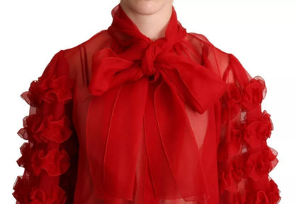 Dolce &amp; Gabbana Red Silk Ascot Collar Ruffles Blouse Top