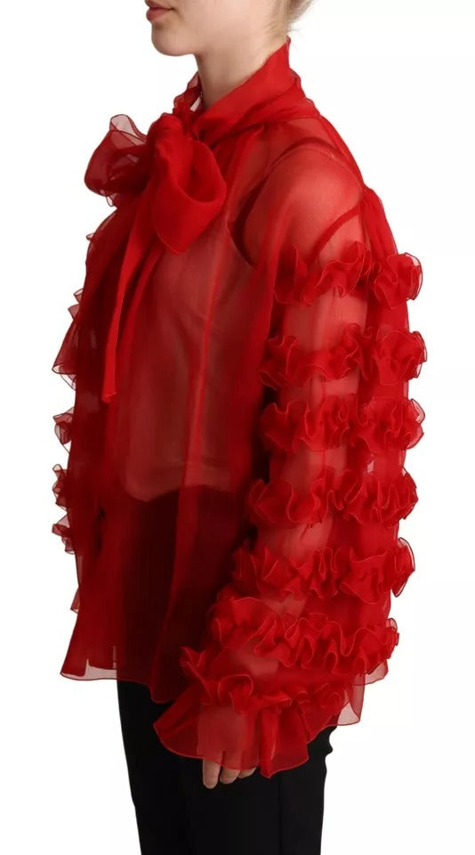 Dolce & Gabbana Red Silk Ascot Collar Ruffles Blouse Top