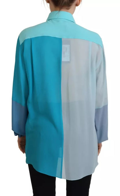 Dolce &amp; Gabbana Blue Collar Long Sleeve Blouse Silk Top