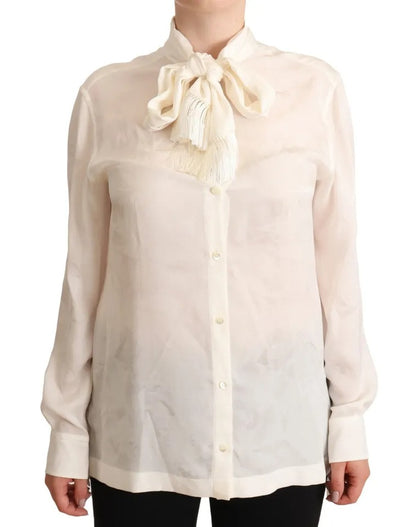 Dolce & Gabbana White Blouse Ascot Collar Shirt Silk Button Top