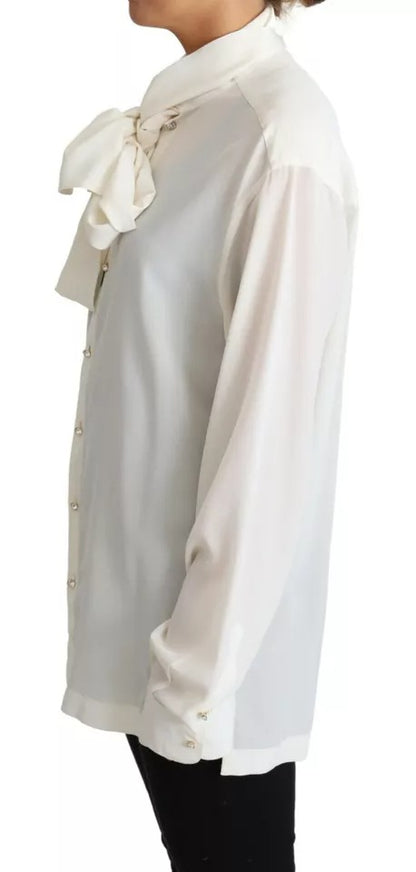 Dolce &amp; Gabbana White Blouse Ascot Collar Shirt Silk Top