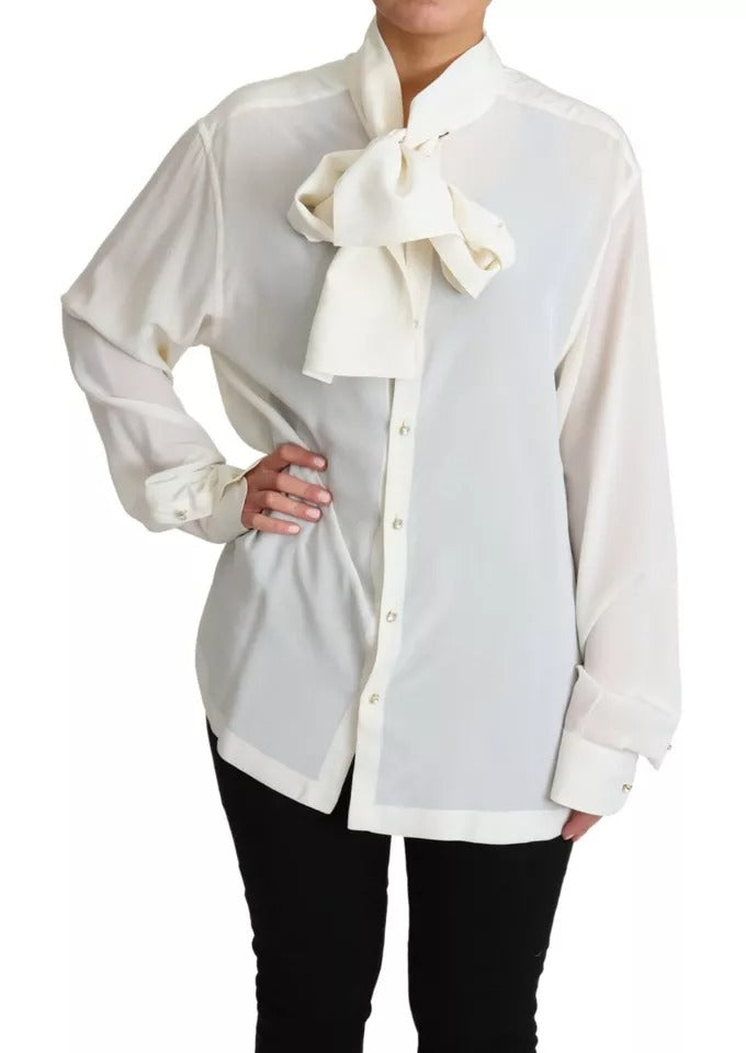 Dolce &amp; Gabbana White Blouse Ascot Collar Shirt Silk Top