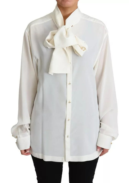 Dolce &amp; Gabbana White Blouse Ascot Collar Shirt Silk Top