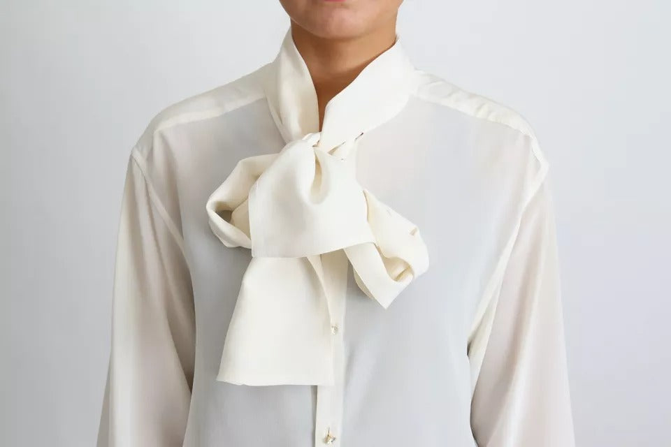 Dolce &amp; Gabbana White Blouse Ascot Collar Shirt Silk Top