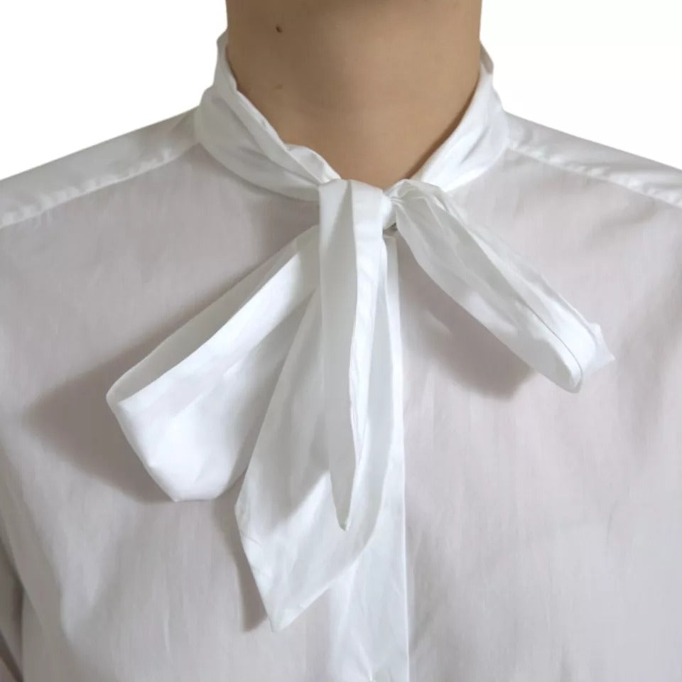 Dolce &amp; Gabbana White Cotton Ascot Collar Long Sleeves Top