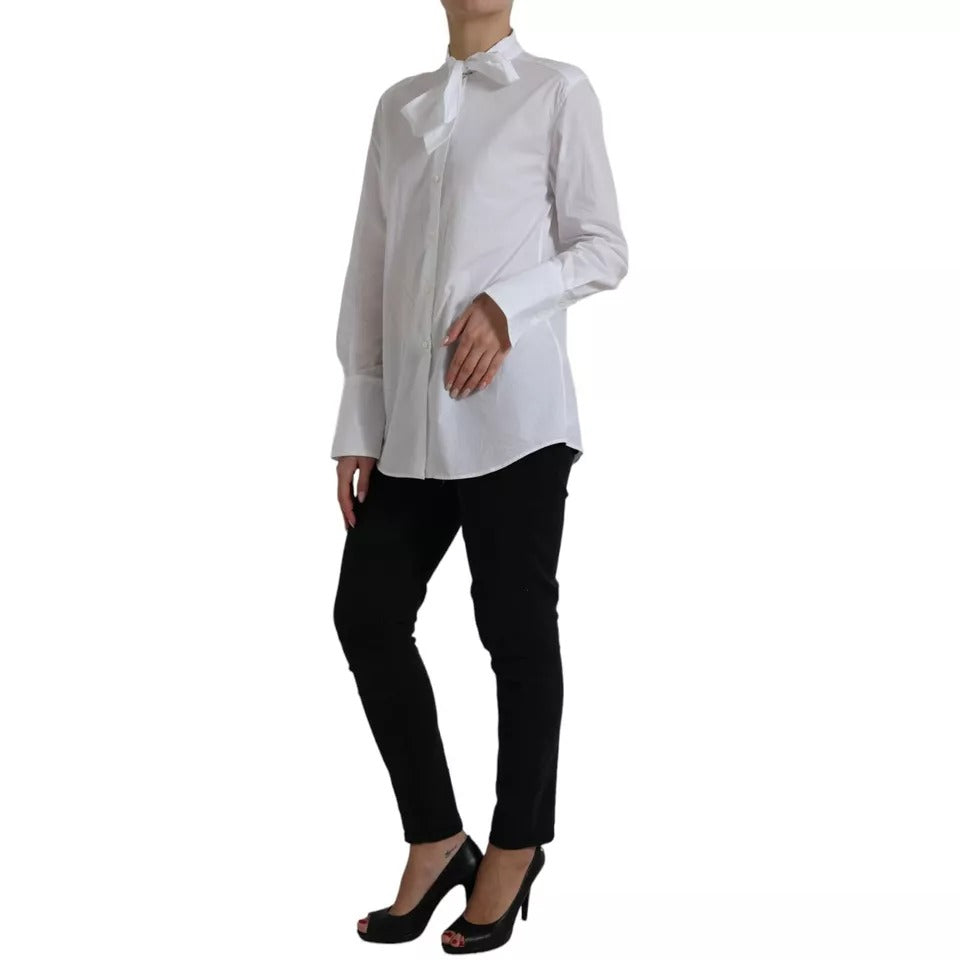 Dolce &amp; Gabbana White Cotton Ascot Collar Long Sleeves Top