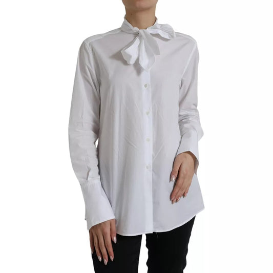 Dolce &amp; Gabbana White Cotton Ascot Collar Long Sleeves Top