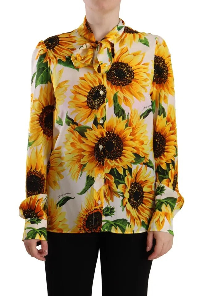 Dolce &amp; Gabbana White Sunflower Silk Ascot Collar Blouse Top