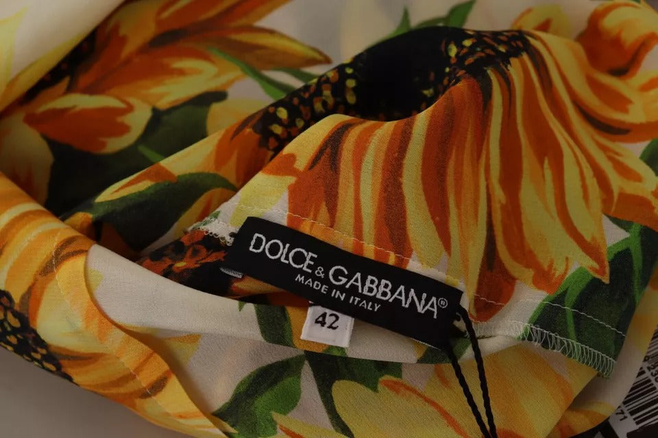 Dolce &amp; Gabbana White Sunflower Silk Ascot Collar Blouse Top