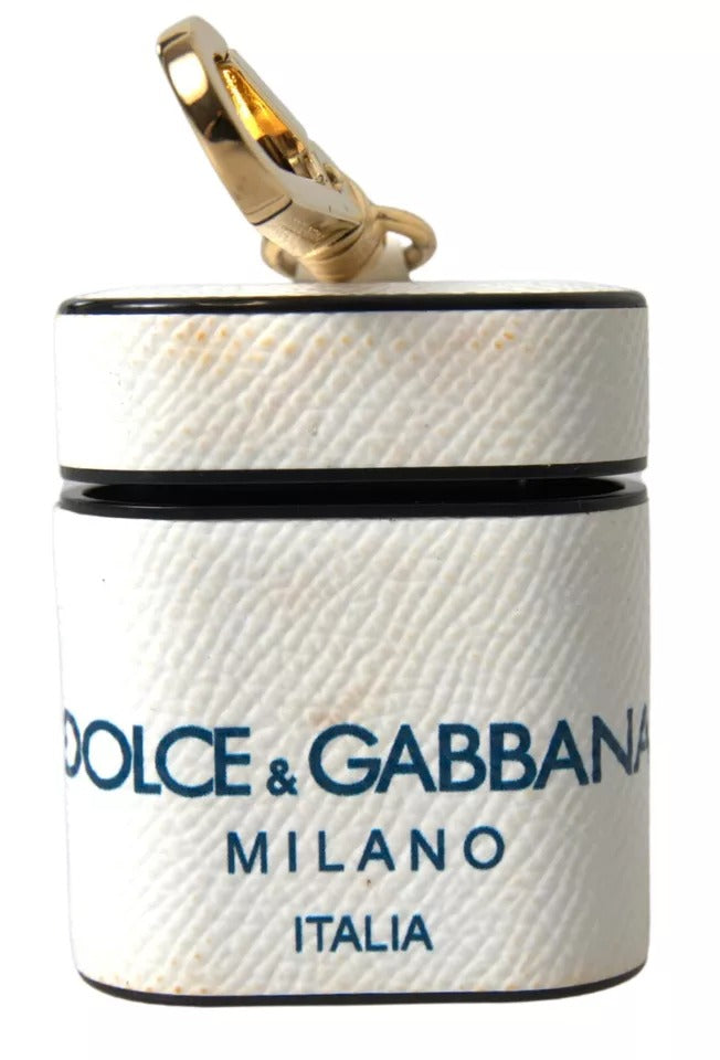 Dolce &amp; Gabbana White Blue Calf Leather Logo Print Strap Airpods Case