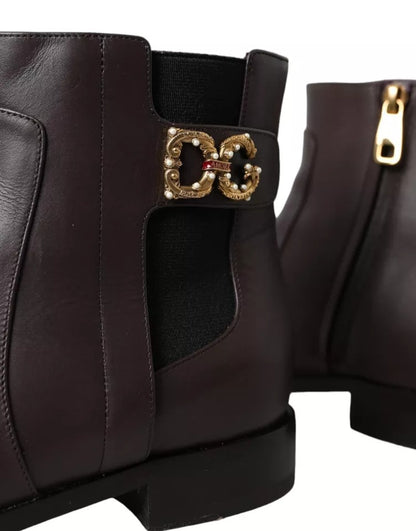 Dolce &amp; Gabbana Brown Leather AMORE Flats Ankle Boots Shoes