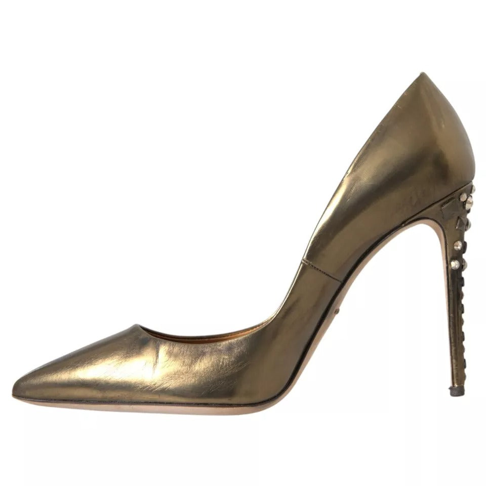 Dolce &amp; Gabbana Bronze Leather Embellished Heels Pumps Shoes