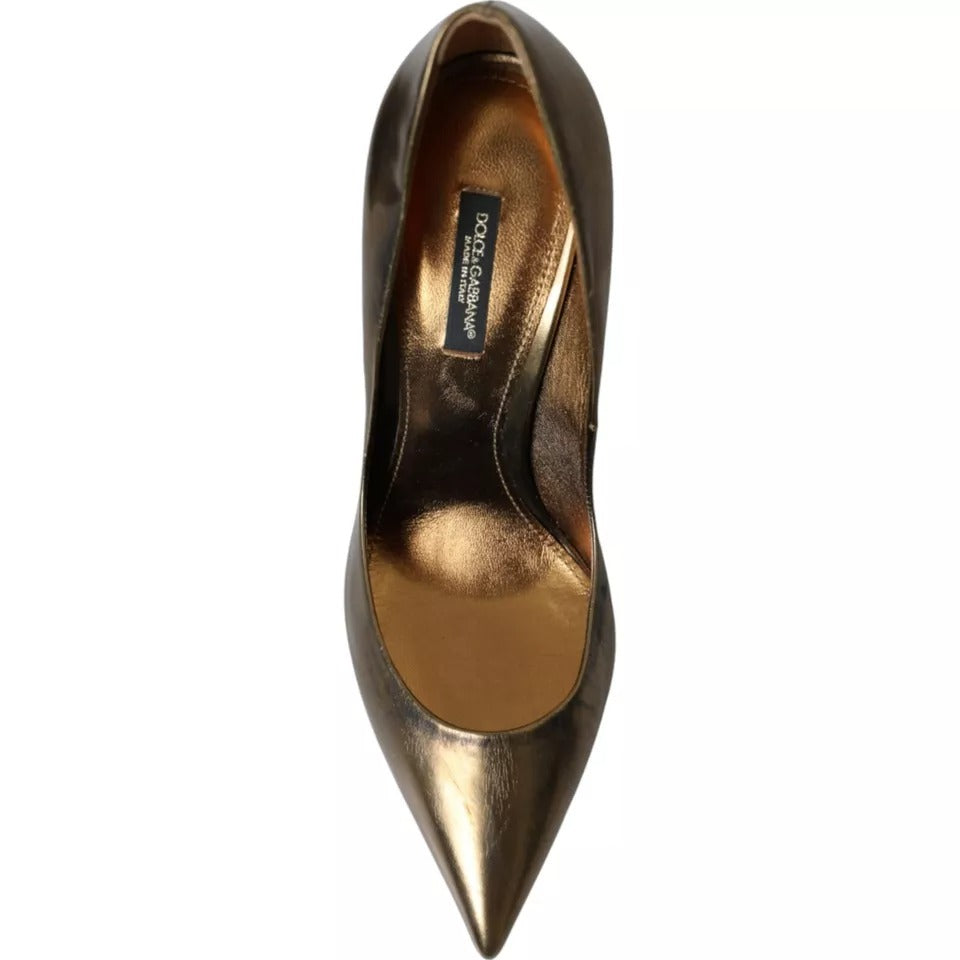 Dolce &amp; Gabbana Bronze Leather Embellished Heels Pumps Shoes