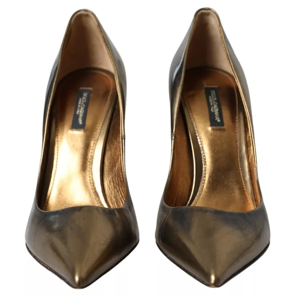 Dolce &amp; Gabbana Bronze Leather Embellished Heels Pumps Shoes