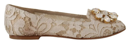 Dolce & Gabbana Beige Lace Crystal Ballet Flats Loafers Shoes