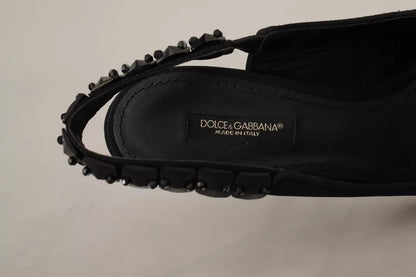 Dolce &amp; Gabbana Black Embellished Heels Slingback Charmeuse Shoes