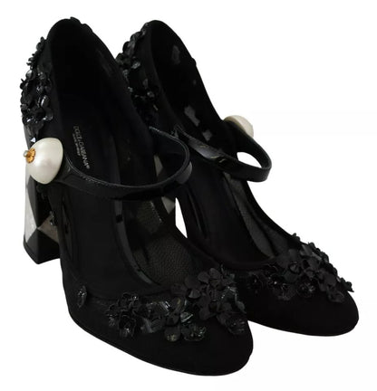 Dolce &amp; Gabbana Black Floral Embellish Heels Mary Janes Pumps Shoes