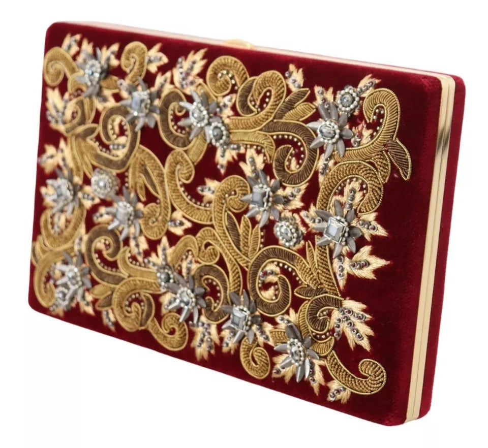 Dolce &amp; Gabbana Red Velvet Gold Frame Clutch Evening Party Purse Bag