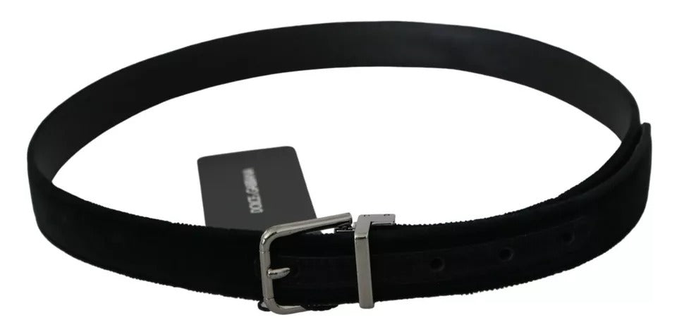 Dolce &amp; Gabbana Black Velvet Leather Silver Buckle Belt