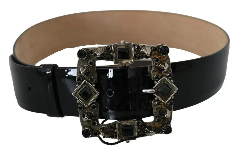 Dolce &amp; Gabbana Black Shiny Leather Crystal Logo Buckle Belt