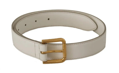 Dolce &amp; Gabbana White Leather Gold Logo Engraved Metal Buckle Belt