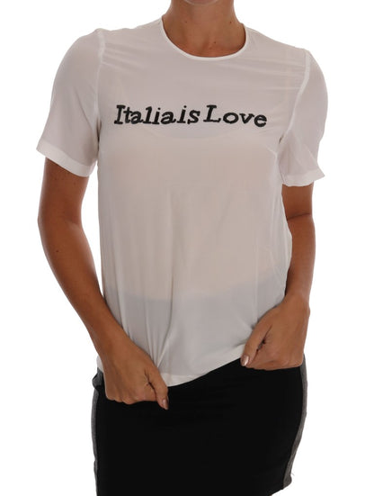 Dolce &amp; Gabbana Silk Sequined 'Italia Is Love' White Blouse