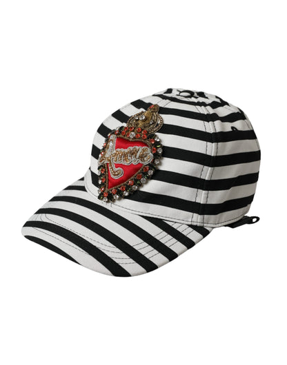 Dolce &amp; Gabbana Black White Stripe Amore Heart Applique Baseball Hat