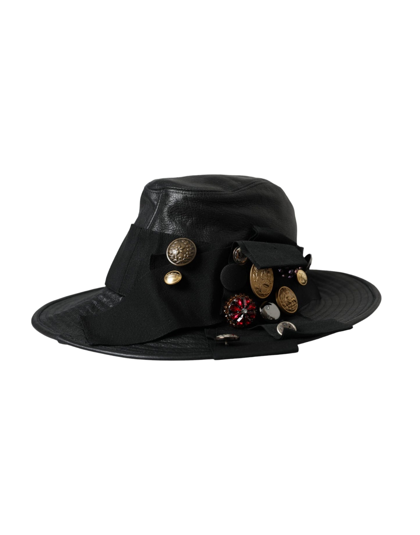 Dolce &amp; Gabbana Black Leather DG Coin Crystal Wide Brim Hat