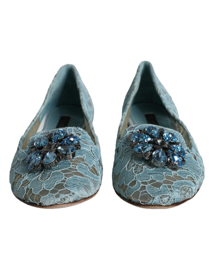 Dolce &amp; Gabbana Blue Lace Crystal Ballet Flats Loafers Shoes