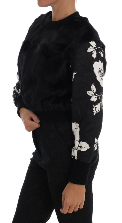 Dolce &amp; Gabbana Floral Brocade Black Fur Sweater