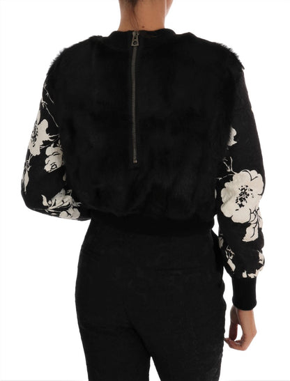 Dolce &amp; Gabbana Floral Brocade Black Fur Sweater