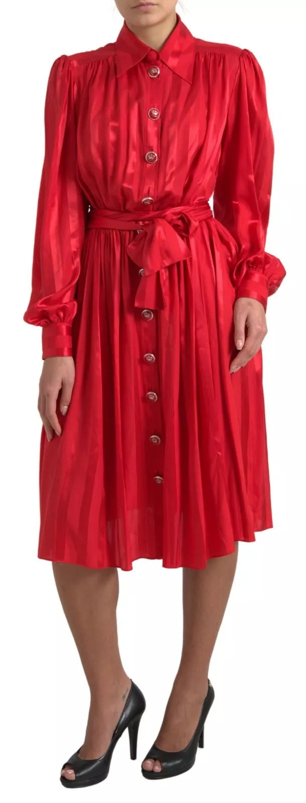 Dolce &amp; Gabbana Elegant Red Silk Midi Dress with Button Detail