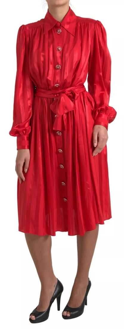 Dolce &amp; Gabbana Elegant Red Silk Midi Dress with Button Detail