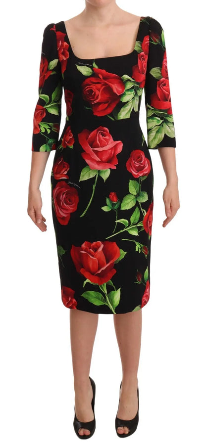 Dolce & Gabbana Black Red Roses Sheath Silk Stretch Dress