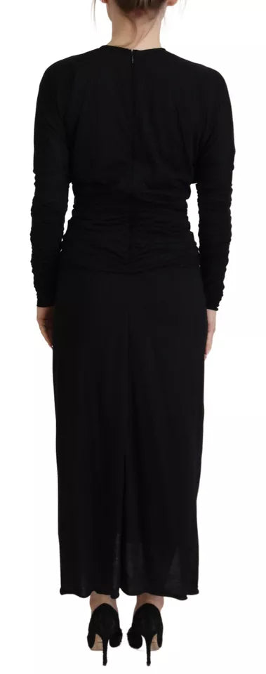 Dolce &amp; Gabbana Black Sheath Midi Gown Wool Wrap Dress