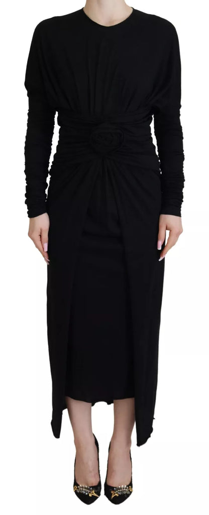 Dolce &amp; Gabbana Black Sheath Midi Gown Wool Wrap Dress