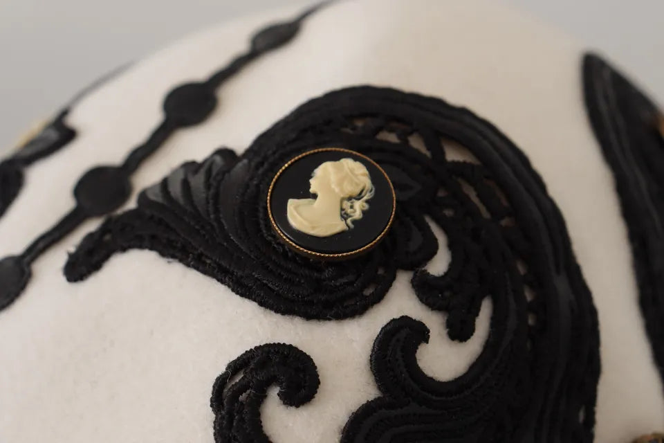 Dolce &amp; Gabbana White Black Wool Embroidered Cameo Brooch Hat